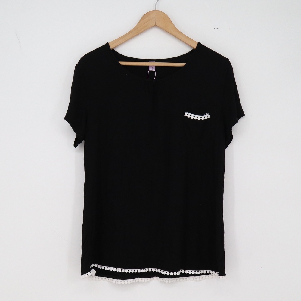 Cheibear Pajama Set Womens Medium Pom Pom Trim Black Rayon Spandex Excellent